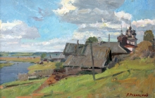 A Small Village At The Oka River - oil, fireboard