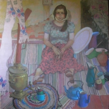 No At Once But Doing Her Best, Fedora Recovered from Distress - linen canvas, acrylic, tempera, pastel
