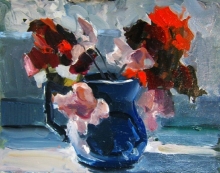Flowers On The Windowsill - oil, cardboard