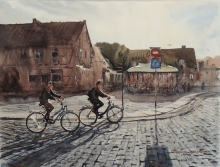 Bicycles And Cyclists - watercolors, paper 