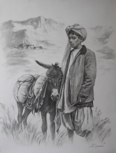 Boy With Donkey - charcoal, paper