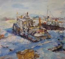 Trailer In The Ice On The Volga, Kazan - oil, canvas