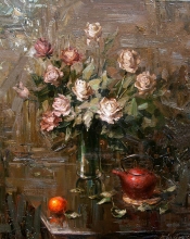 Roses And China Kettle - oil, canvas