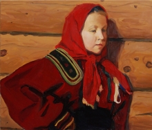 Girl In A Red Head Scarf - oil, canvas